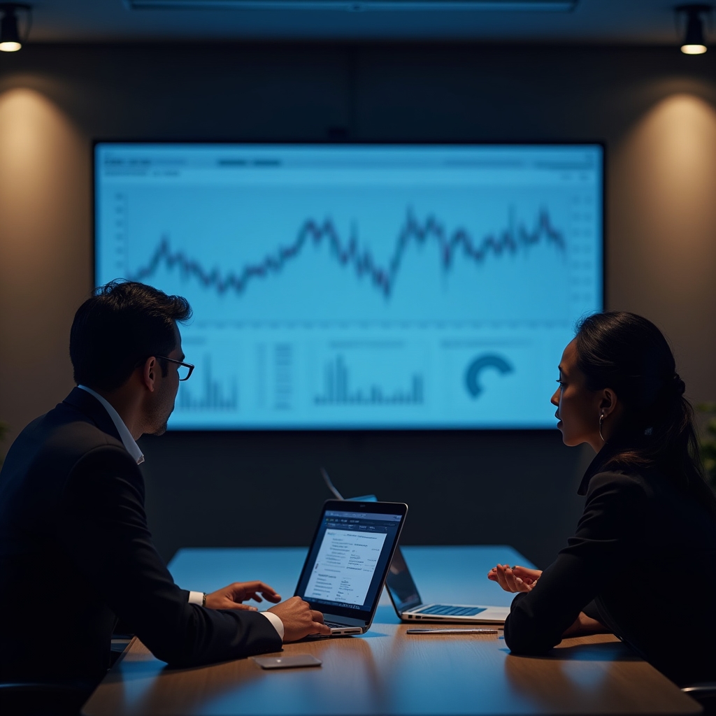 Consultants reviewing analytics dashboards on a large screen during an equity mapping review meeting
