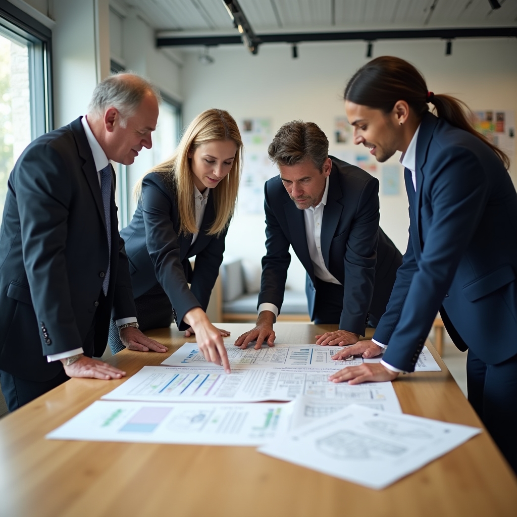A team of consultants reviewing printed sitemaps spread across a long conference table during a content audit workshop