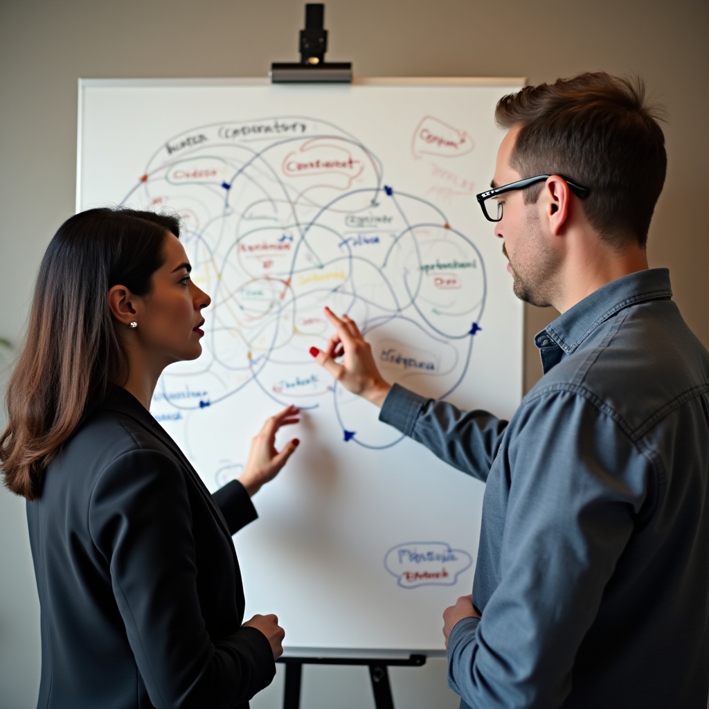 Two content strategists mapping overlapping page categories on a large whiteboard during a consolidation planning session