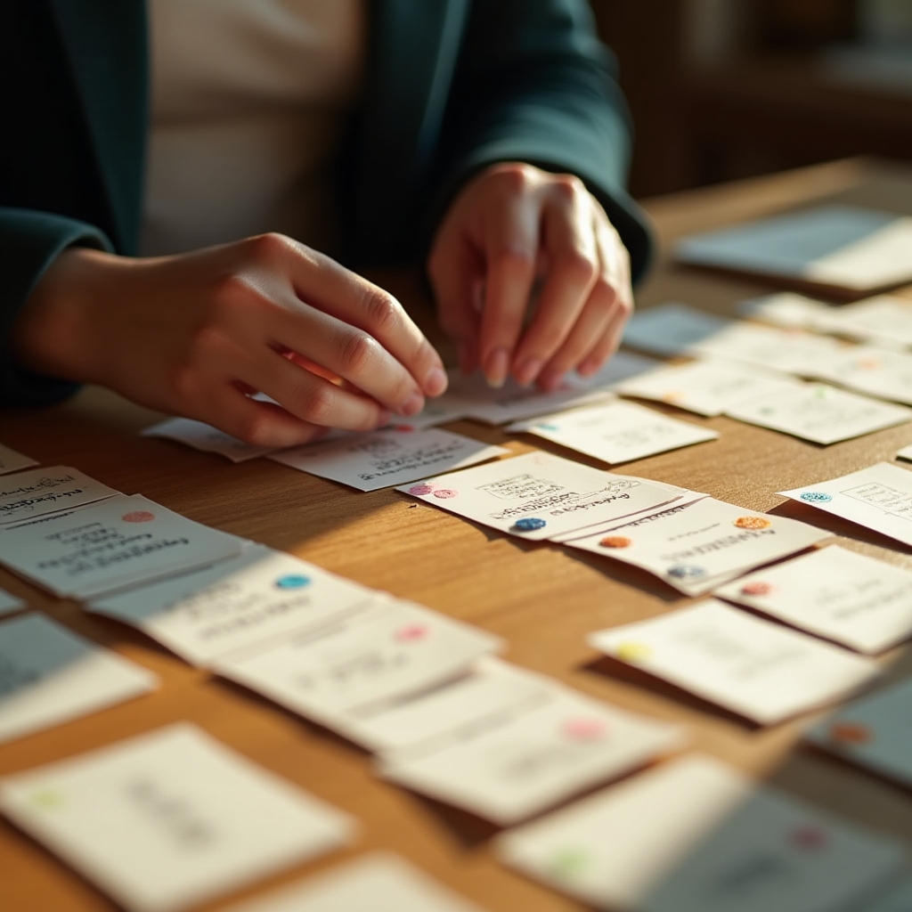 Close-up of hands sorting printed content cards into labeled categories on a table during a taxonomy reconciliation exercise