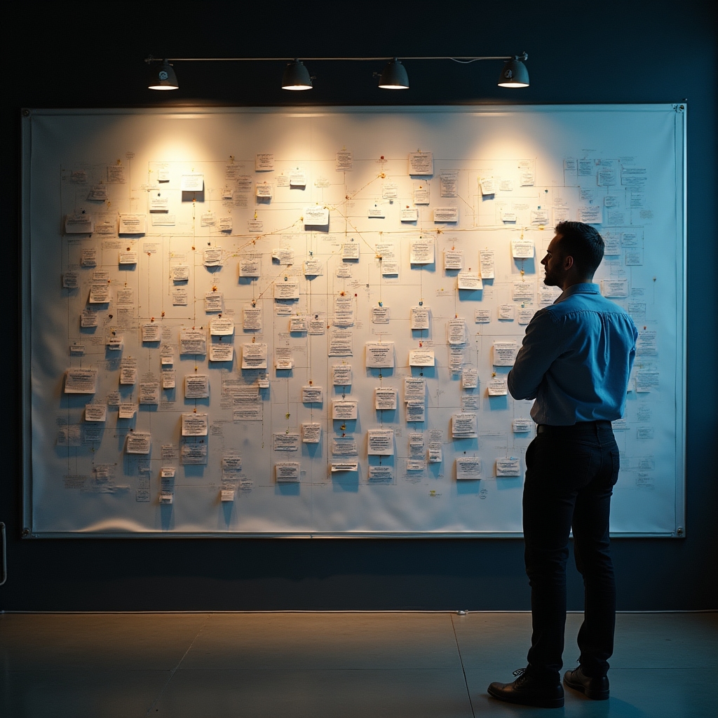 A studio wall covered with a large printed content architecture diagram connecting multiple domains and page categories with string and pins